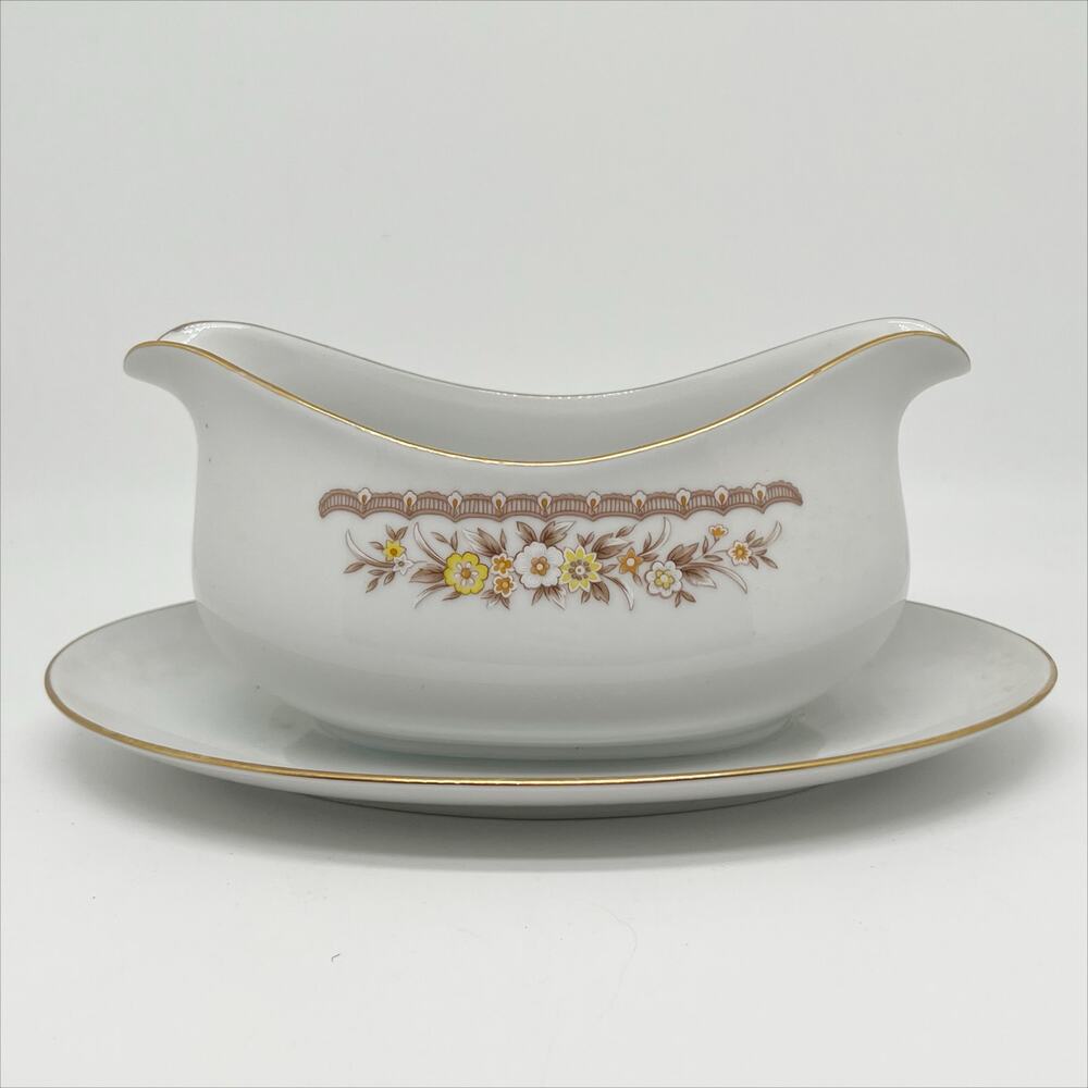 Vintage Ekco International Fine China Gravy Boat Golden Autumn Floral Pattern